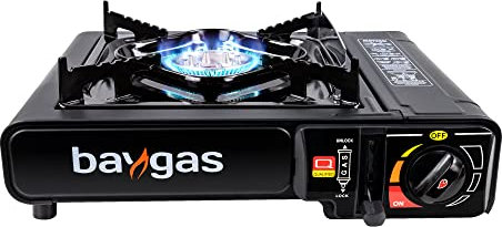 Baygas Kompakter Outdoor Gaskocher, 1-Flammig, 2,500 Watt, mit Überhitzungsschutz und Tragekoffer, Schwarz – Vielseitiger Campingkocher für Butan-Gaskartuschen, Einheitsgröße
