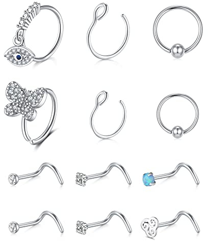 AVYRING 20G Bouchon de Nez Tire Piercing Nez Anneaux Hoop Acier Inoxydable Corkscrew Opale CZ Papillon Nostril Piercing Argent 12 Pièces