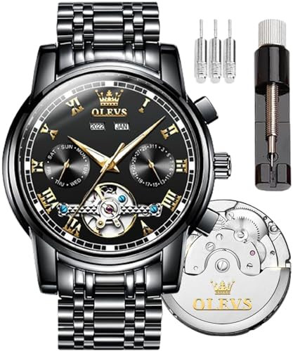 OLEVS Herren-Armbanduhr, automatisch, selbstaufziehend, Skelett-Uhren für Herren, Tourbillon, keine Batterie, luxuriöse Edelstahl-Uhr mit Datum, mechanische Herrenuhren, wasserdicht, modisch für