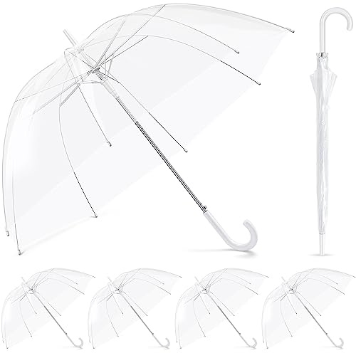Fabbay 6 Pcs Umbrella Wedding Style Stick Umbrellas Large Windproof Bubble Rain Umbrellas with J Hook Handle for Bride Groom Gift(White Handle)