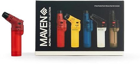 Alpha+ Torch Lighters, 5 Pack, Refillable Butane Gas Lighters, Adjustable Jet Flame, Windproof Mini Pocket Torch for Kitchen, Candles, Cooking, Baking, BBQ, Camping (Butane Not Included) (Transparent)