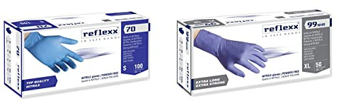 Reflexx R70 / XL Guanti senza nitrili in polvere, X-Large, azzurro, confezione da 100 & R99, Guanti Hi-Risk in Nitrile senza Polvere Gr. 8.9, 50 Pezzi, Blu