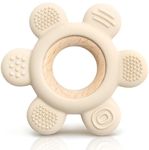 CAJA Beißring Blume Baby Zahnungshilfe Beißspielzeug aus Silikon Holz BPA frei Greifring mit strukturierten Oberflächen sicheres sensorisches Babyspielzeug Geschenkidee zur Geburt Jungen und Mädchen