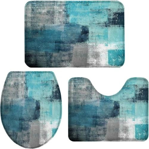 IsolaY 3-teiliges Badteppich-Set, WC-Sitzbezug, türkis und grau, abstrakte Kunstmalerei, blaugrüner Druck, Konturteppich, WC-Vorleger und WC, 4F, 3 Stück, 45 cm x 75 cm