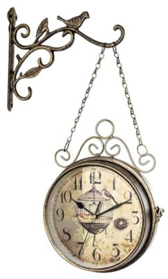 LIFKOME Vintage doppelseitige Wanduhr Outdoor-Uhren Outdoor-Wanduhr dekorativ Bürodekoration Pflanzendekor Vintage-Dekor Retro-Wanduhr Retro-Hängeuhr Steampunk schmücken Anlage Eisen