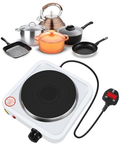Single Hot Plate Portable Tabletop Hob,1000W Household Mini Portable Electric Stove, Heating Plate for Coffee Tea, Adjustable 5 Thermostats, Non-Slip Feet, White