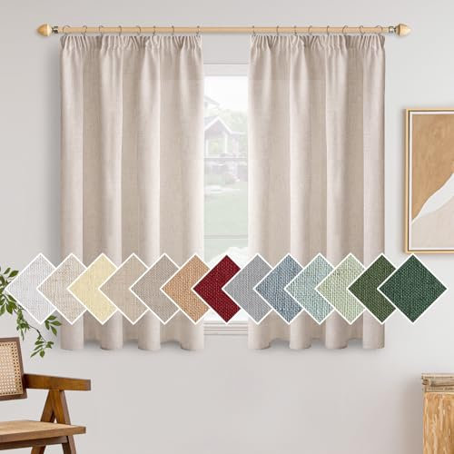 Woaboy Cortinas Lino Cortas con Cinta Fruncidora Visillos Dormitorio Ventana Translúcido Cortinas Modernas para Salón Habitación 2 Piezas 140x145cm Blanco