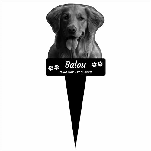 INDIGOS UG - Grabstecker für Haustier - Hund - 30 cm - wetterfester Gedenkpfahl - personalisiert mit Foto und Text - individuell mit Wunschtext und Datum