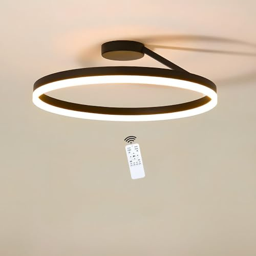 LED Deckenleuchte Ring Rund Schwarz 40cm 24W Dimmbar mit Fernbedienung | Einseitig nach unten abstrahlend, Deckenlampe Wohnzimmer 2100lm, Halbeinbau, Deckenbeleuchtung mit Speicherfunktion