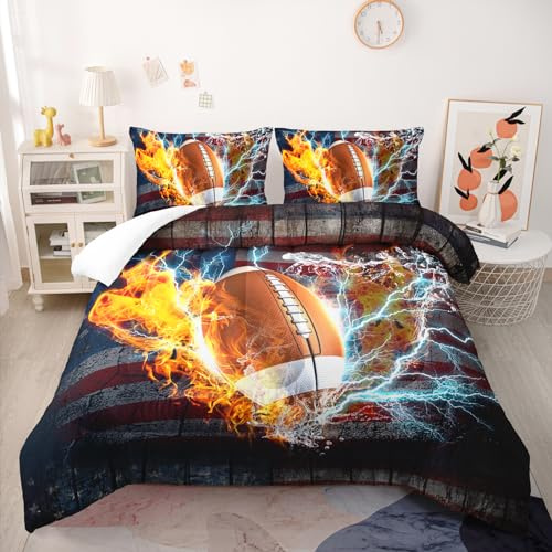 Nttopship Football Comforter Sets Queen, Bedding Sets for Kids,US Flag and Fire Football Comforter Sets All Season 1 Comforter and 2 Pillowcases
