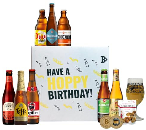 Beerhunter Belgian Beer Happy Birthday Gift Box – 8 Beers with Glass & Mr Filberts Snacks | Premium Belgian Ale Selection | Craft Beer Birthday Gift for Him or Her