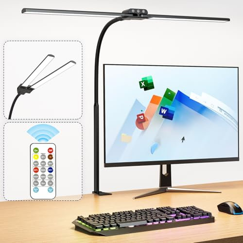 KableRika Schreibtischlampe LED Dimmbar Mit Fernbedienung: Doppelkopf Schreibtischleuchte Klemmbar - Augenschutz büro tischlampe für Homeoffice - tageslichtlampe schreibtisch beleuchtung für Monitor