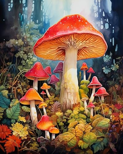 Malen-nach-Zahlen-Sets für Erwachsene und Kinder,Helle Pilze im Wald,DIY Ölgemälde Kunsthandwerk Malen nach Zahlen Leinwand für Wanddekoration,16x20Zoll ohne Rahmen