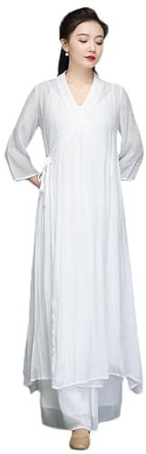 DAYKET Uniformes d'arts Martiaux de Kung-fu pour Femmes, vêtements de Tai-chi en Coton et Lin, Costume de méditation Zen Traditionnel Chinois, Tenue d'exercices matinaux,White-XL