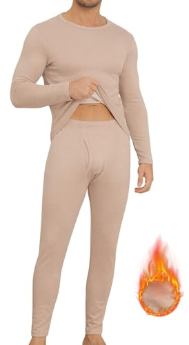 KUYIGO Ropa Interior Térmica para Hombre Camiseta de Capa Base de Manga Larga Calzoncillos Largos para Hombre con Forro Polar Conjunto de Camiseta y Pantalón Térmico de Secado Rápido, caqui, M