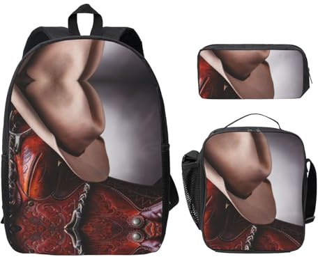 SDFCUMDM Pferdesattel mit Cowboyhut Wilddruck Schulranzen + Federmäppchen + Lunchtasche Kombination für den Alltag, Schwarz , Einheitsgröße