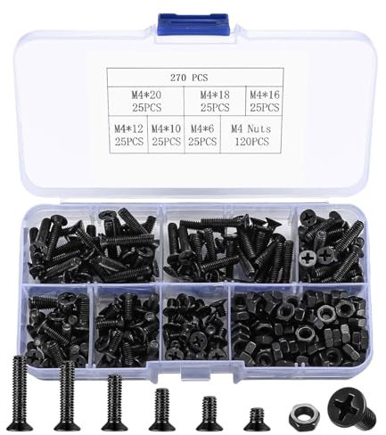 HSTWODE 1 Satz mit 270 Stück M4 Senkkopfschrauben und Muttern Set, Senkkopf Schraubensortiment Maschinenschrauben, Kreuzschlitzschrauben mit Mutter Sortiment Kit, Computer HDD Laptop PC Reparaturschra