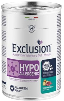 Exclusion Hypoallergenic all breeds per cani adulti di tutte le taglie, gusto CERVO e PATATE, ipoallergenico | 6 scatolette da 400 grammi l'una.
