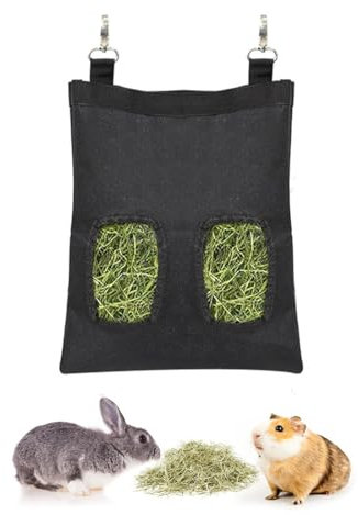 OUDQFCJ Sac à Foin pour Lapin, Distributeur de Foin, Sac de Foin Automatique,Sac de Foin Suspendu avec 4 Fenêtres pour Petits Animaux, Noir