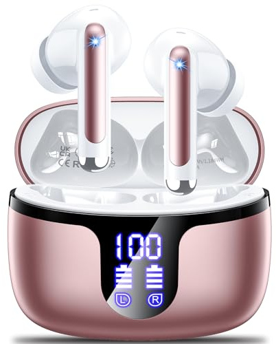 Ecouteurs Bluetooth sans Fil, Monyhigh Écouteur sans Fil 5.4 avec 4 ENC Réduction Antibruit Mic Casque Bluetooth HiFi Stéréo 42H Durée Lecture LED Écran IPX7 Oreillette Sport pour iOS Android, Or Rose