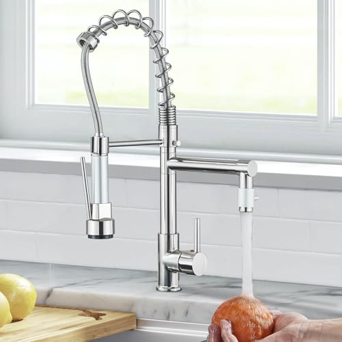 Zamery Wasserhahn Küche Küchenarmatur 360° Schwenkbar Küchenarmatur mit Zwei Auslauf,Hoher Bogen Spiralfeder Brause Armatur Küche für Spültischarmatur Gebürsteter Nickel