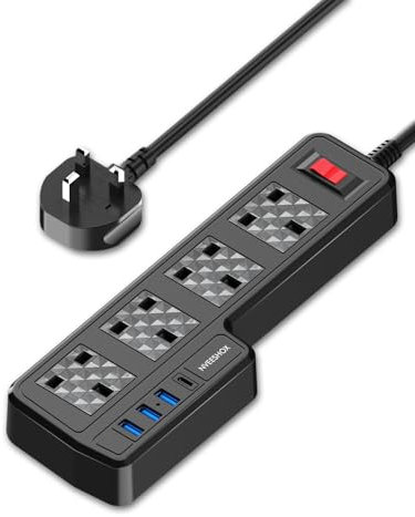 Extension Lead with USB Slots, 4 Way Surge Protected Extension Cable with 4 USB Ports and 1 USB C, Wall Mountable Multi Plug Power Strip with 2 M Extension Cord, 13A 3250W Extension Socket for Home