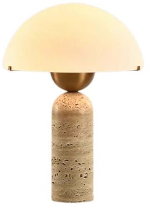 Table Lamp, Post-Modern Natural Yellow Travertine Marble with Frosted Glass Shade, Dome Shaped Design for Living Room, Bedroom, and Beside Use