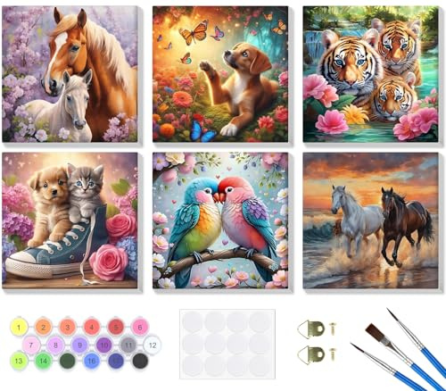 Lxmsja 6 Pièces Cheval Peinture Numero Adulte avec Cadre, Peinture par Numero Chat Chien, Oiseaux Numéro d'art Tigre avec Pinceaux, Loisirs Créatifs Adultes, Activité Manuelle Adulte, 20x20cm
