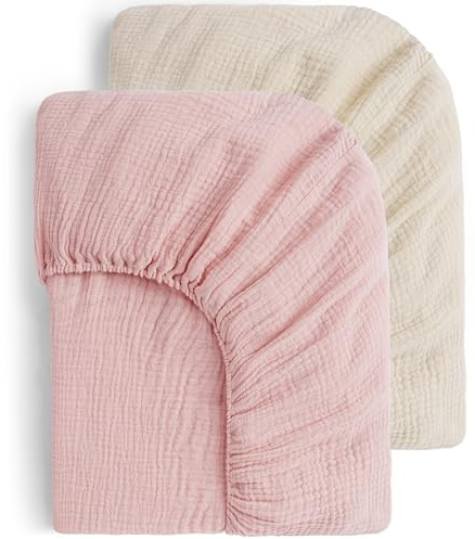 Yoofoss Juego de 2 Sábana Bajera Ajustable 70x140 cm 100% Algodón Muselina Sábanas Bajeras para Cuna Bebé Colchón Suave Protector (Beige Rosa)