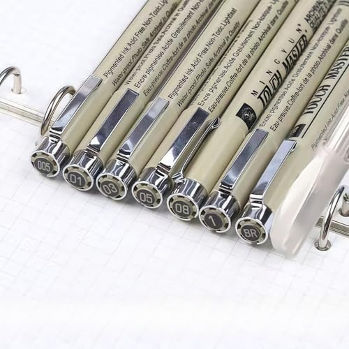 Omeblos Fineliner Pens, 7 Fine Liner Black Pens & 1 Fine Liner White Pen, Art Drawing Micron Pens with Waterproof Ink, Felt Tip Art Supplies for Sketching, Manga Anime Gifts Sketch Calligraphy