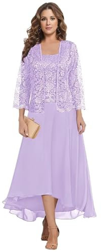 Vestido de encaje para madre de la novia con chaqueta, vestido formal de invitada de boda, vestido de gasa de 2 piezas hasta el té, Lila, 60