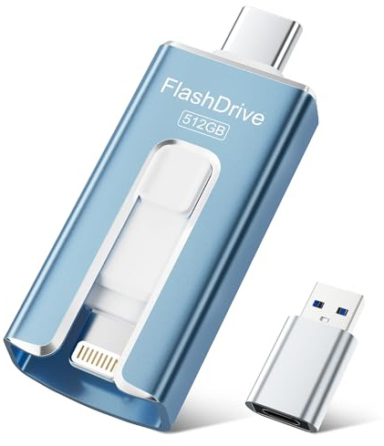 SUDEHO USB Stick 512GB for iPhone, MFi Certified USB-C & Lightning Memory Stick, 3-in-1 USB 3.0 Flash Drive for iPhone/iPad/Android/PC, High-Speed Photo & Video Backup, Easy File Storage, Blue