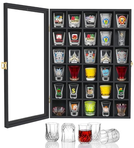 Shot Glass Display Case Wall Mounted, 30 Shot Glasses Holder with Removable Shelve and Door for Home & Bar Decor