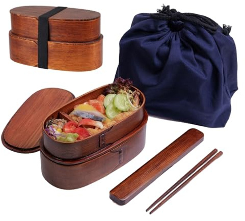 Hperu Japanische Lunchbox, 2 Etagen, natürliche Holz-Lunchbehälter mit Geschirr und Aufbewahrungstasche, tragbar, für Damen, Herren, Erwachsene, Kinder – Box