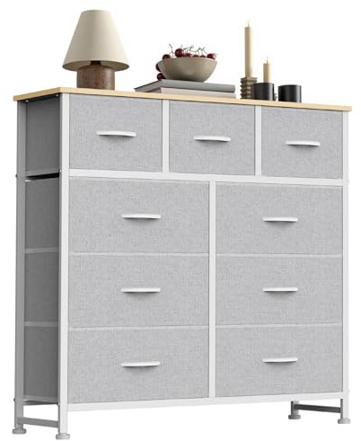 Sweetcrispy 9 Drawer Fabric Dresser Storage Tower with Wood Top and Steel Frame, Organizer Chest with Easy Pull Handles for Bedroom, Closet, Hallway,Light Gray