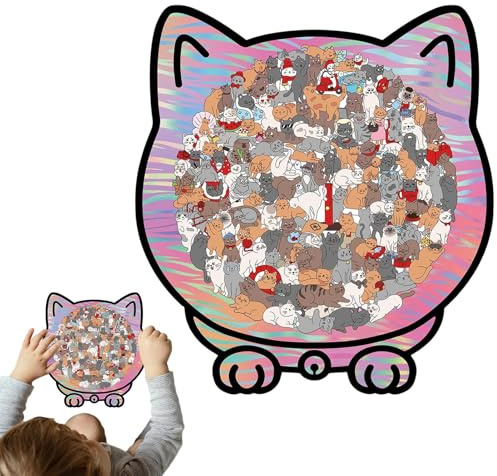 Puzzle De Chat - Décoration Irrégulière avec Cadre Photo,135 Pièces Puzzle en Bois avec Boîte De Rangement,pour Les Amateurs d'animaux, Le Jeu, Le Salon Et L'Exposition sur
