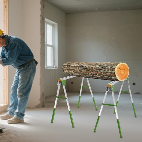 MingMaoo 2-Pack Industrial Work Trestles, 2645LBS Heavy Duty Sawhorse, 6 Height Adjustable 28.58-35.04 Inch, Foldable Metal Saw Horses with Hooks for Workshop, Garage (Green, Silver)