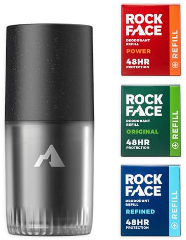 Rock Face Natural Deodorant Refill Kit, 1 Reusable Case + 3 Sticks | Includes 1 durable outer case and 3 natural deodorant refill sticks in our Original, Power, and Refined scents