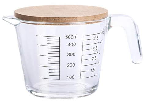Veemoon Jarra Medidora de Vidrio Resistente al Calor 500 Ml con Tapa de Madera Taza Medidora Graduada para Cocina y Repostería Vaso Medidor Práctico para Líquidos y Aceites