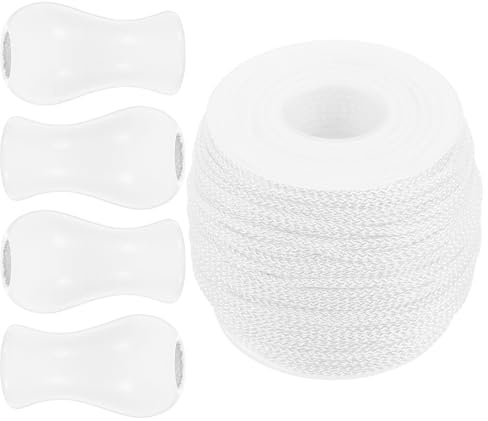 VALICLUD Cordon Blanc 2,2 Mm pour Store Vénitien 50 Mètres Corde à Tirage en Polyester Accessoires de Rideau 4 Pompons en Bois pour Décoration Intérieure et Réparation