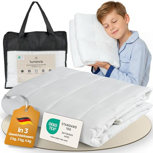 LUNOVA Gewichtsdecke Kinder 3kg (135x200cm) | schwere Decke | Oeko-Tex Baumwolle, waschbar | ideal 25-35 kg Körpergewicht | beruhigende Entspannungsdecke | Weighted Blanket Kids