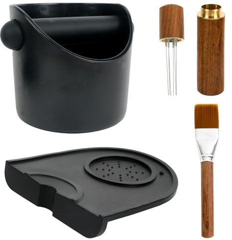 Coffee Knock Box, Coffee Grounds Knock Out Box with Removable Knock Bar Coffee Machine Accessories with Espresso Tamping Mat Cleaning Brush Stirring Needle for Home Baristas Cafes