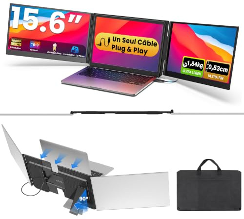 Kwumsy Monitor Portatile 15,6 Pollici – Triplo Schermo per Laptop FHD 1080P IPS, Ultrasottile Monitor Portatile, USB-C Plug & Play con un Solo Cavo, Compatibile Mac/Wins (Fino a 17,3 Pollici Laptop)