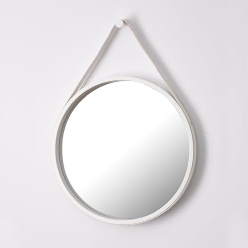 ASPECT M31W Miroir de courtoisie décoratif Mural en Bois avec Sangle en Cuir Blanc 50 cm de diamètre