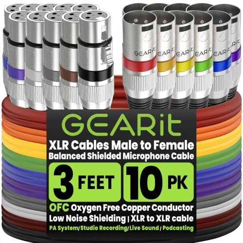 GEARit XLR Male to Female Microphone Cable (3 Feet, 10 Pack) 3-Pin Balanced Shielded Mixer, Recording Studio, Podcast - Multi Colored
