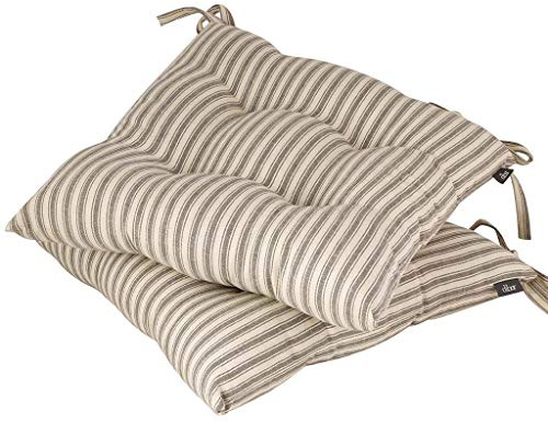Dibor Striped Seat Pad Set - 2 Grey Stripe Dining Chair Cushions | Machine Washable, Tie-On, 100% Cotton, Recycled Polyester Fibre Filling