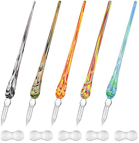 WANDIC 5 Pcs Handmade Buntglas Dip Stift Set mit Ständer und farbigen Kristall Blumen Stift Set für Kunst, Signieren, Schreiben, Zeichnen, Schreiben