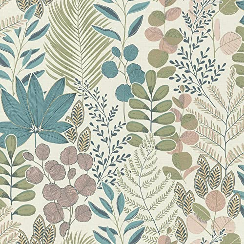 Rasch 465310 Salsa Papier peint intissé Motif feuilles et plantes Vert/rose/bleu 10,05 x 0,53 m