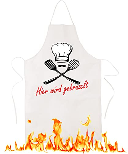 Blickfang Lustig bedruckte Schürze | Hier wird gebruzelt |Grill, BBQ | Küchenchef, Koch | Kochschürze, Latzschürze, Küchenschürze Grillschürze, Partyschürze | Geschnek, Geburtstag, Schurz (Weiss.)