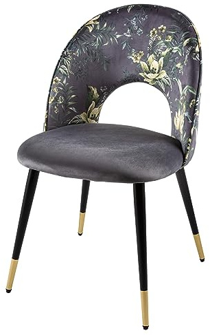 Stuhl PRÊT-À-PORTER - 48cm - grau - Samt Metall-Beine Gold-Finish | hoher Komfort, bequeme Polsterung, pflegeleicht, Design, Retro, Eyecatcher, florales Muster, goldene Fußkappen
